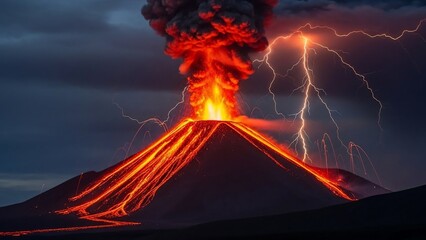 Spectacular volcanic eruption with fiery lava flows and dramatic lightning strikes at night.