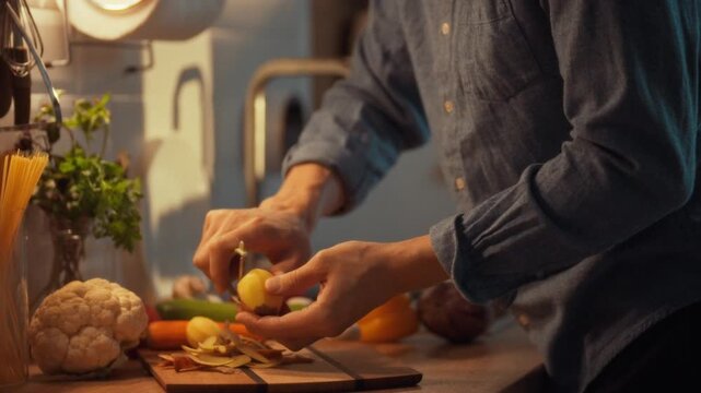 A man's hands skillfully use a vegetable cutter to peel raw potatoes, creating thin shavings, amidst vibrant eggplant and cauliflower, with a sharp blade, a crucial tool