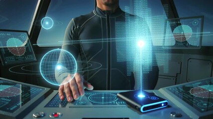 Pilot controls display, Captain utilizes glowing spheres for advanced cockpit navigation tasks, Person manipulates bright holographic controls with analytical dashboards in cockpit environment - Powered by Adobe