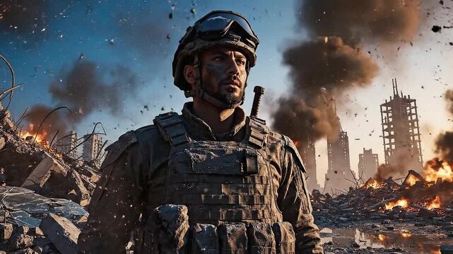 Soldier stands amidst devastation in urban warfare scene with destruction and chaos
