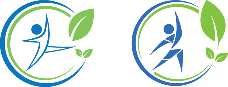 Wellness and vitality logos with active human figures and green leaves set