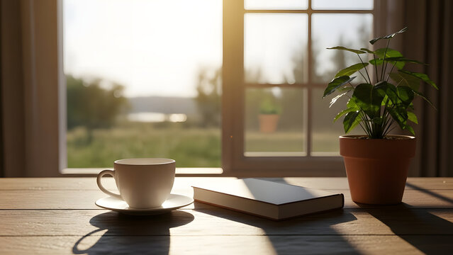 Minimalist Sustainable Lifestyle Morning Desk Setup with Coffee and Notebook