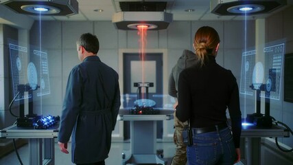 Personnel operate testing devices in controlled environment, Security personnel and technicians perform meticulous inspections using advanced equipment in sanitized chamber under strong illumination