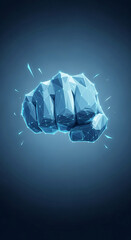 Abstract polygonal fist, blue hue, glowing nodes, dark background, represents strength, power, resilience, and determination