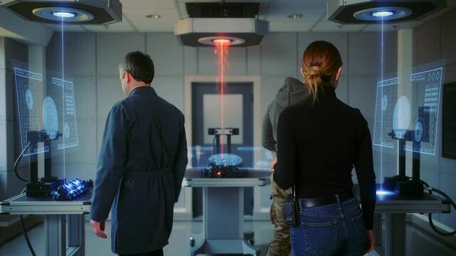 Personnel operate testing devices in controlled environment, Security personnel and technicians perform meticulous inspections using advanced equipment in sanitized chamber under strong illumination