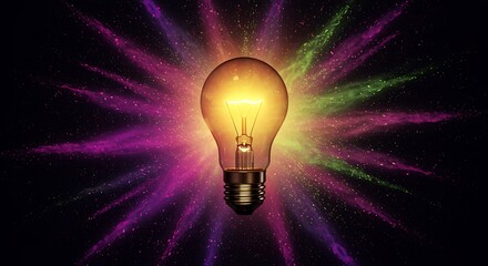 Illuminated Light Bulb with Colorful Explosion