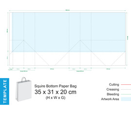 Squire bottom paper shopping bag die cut template 35x31x20 cm with 3D mockup
