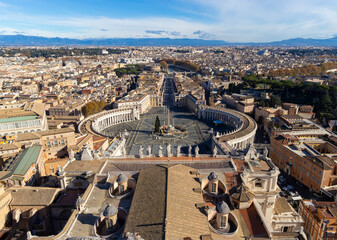 Panoramic view of Vatican City and Rome from St. Peter's Basilica dome offering an expansive. St. Peter's Square Rome panoramic cityscape. View from dome of St. Peters Basilica. Popular tourist place. © Dzmitry