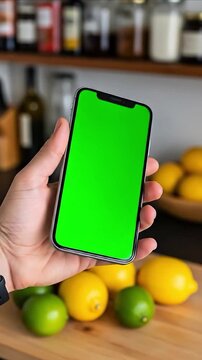 Hand holding i Phone with green screen in kitchen with lemons and limes on wooden cutting board