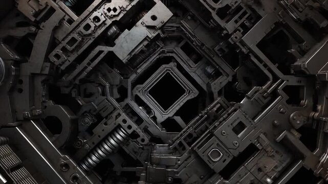 Aerial view of a complex metallic circuit board with intricate details and microelectronic components