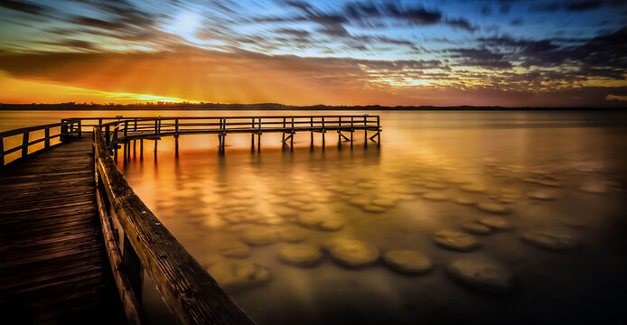 Wooden pier over Thrombolites in Lake Clifton at sunset, Western Australia, Australia