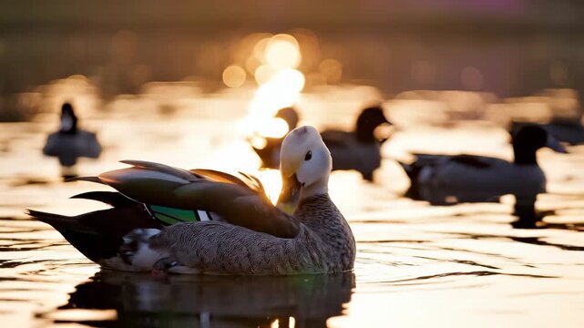 A beautiful duck swims gracefully in the shimmering lake, surrounded by other ducks enjoying the tranquil water. The serene atmosphere enhances the duck's elegant features in the golden light.