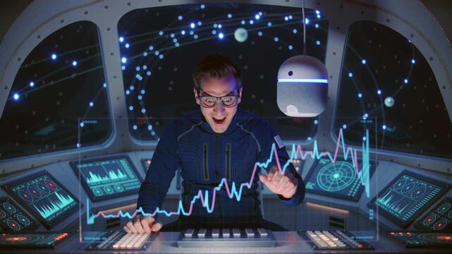 Astronaut explores tech, Spaceworker focuses on digital streams, Astronaut engaged with sophisticated visualization interfaces and intelligent modules aboard spacecraft amidst cosmic surroundings