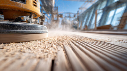 Wood surface being expertly smoothed with a power sander in a bright workshop filled with natural light and woodworking tools in the background