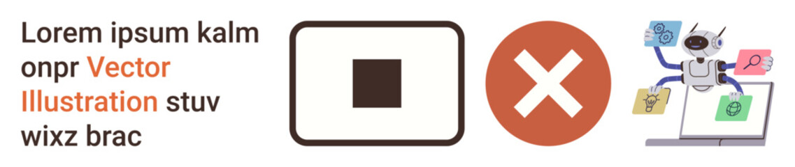 Obraz premium Technology, decision-making, automation, productivity, error detection, data management. Robot working on a laptop with icons. Automation and error detection concept