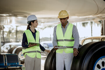 An expert aviation mechanic leads a professional crew in a hangar, examining a jet engine to ensure safety and maintenance efficiency.