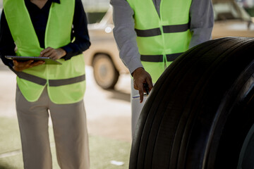 An expert aviation mechanic leads a professional crew in a hangar, examining a jet engine to ensure safety and maintenance efficiency.