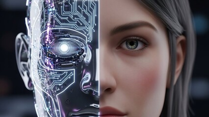 Human and robot face merging in a futuristic artificial intelligence concept