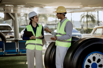An expert aviation mechanic leads a professional crew in a hangar, examining a jet engine to ensure safety and maintenance efficiency.
