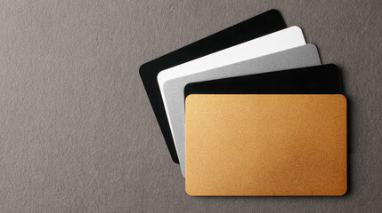 Texture samples of metallic paint finishes in gold, black, silver, and white colors arranged in a fan shape on a gray background for design inspiration