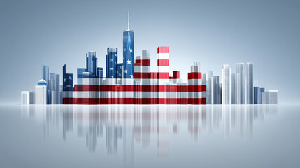 abstract background with the american flag and elements of skyscrapers, graphs, or charts in a digital style. conceptual illustration of business success, economic growth, the glob