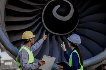 An expert aviation mechanic leads a professional crew in a hangar, examining a jet engine to ensure safety and maintenance efficiency.