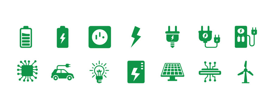 Collection of charging icons. Electricity-themed icons. Features battery, energy, electricity, charger, recharge, electric car, power bank, cable, green energy, charge, and more. Power-related icons. 