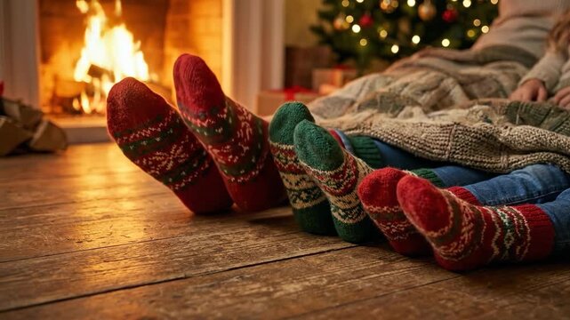 Cozy family feet in festive patterned socks relaxing by a warm crackling fireplace during the winter holiday season