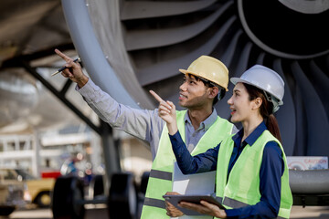 An expert aviation mechanic leads a professional crew in a hangar, examining a jet engine to ensure safety and maintenance efficiency.
