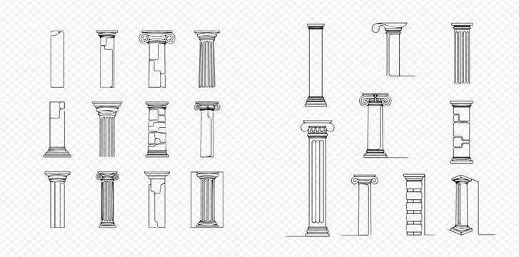 Set of ancient architectural columns, including Doric, Ionic, and Corinthian styles, in various states of preservation, isolated on a transparent background.