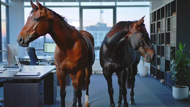 Animals observe workplaces, Horses investigate urban skyline behind glass, Equines traverse contemporary cityscape seen from office windows, Two horses gaze at lively city scene through office