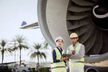 An expert aviation mechanic leads a professional crew in a hangar, examining a jet engine to ensure safety and maintenance efficiency.