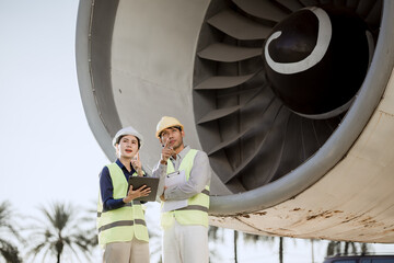 An expert aviation mechanic leads a professional crew in a hangar, examining a jet engine to ensure safety and maintenance efficiency.