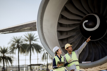 An expert aviation mechanic leads a professional crew in a hangar, examining a jet engine to ensure safety and maintenance efficiency.