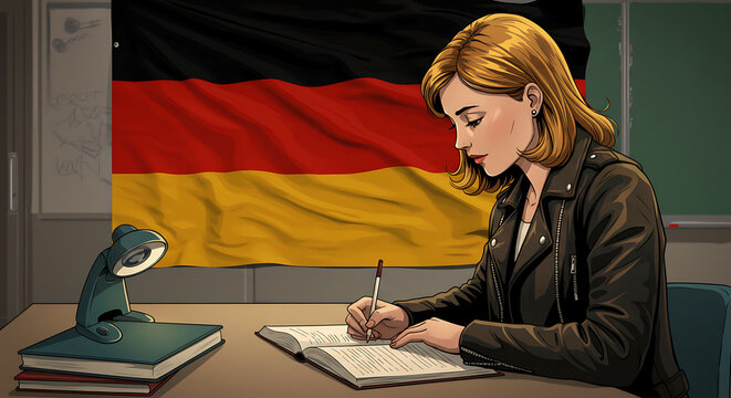 Focused rebellious girl in leather jacket studying and writing in a notebook against a German flag background. Comic book style.