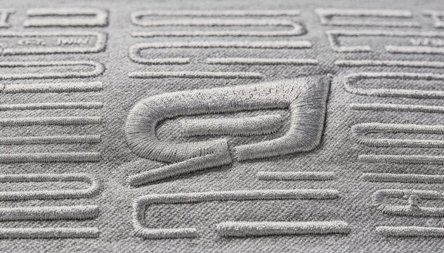 Medium shot capturing 3D padded logo embroidery in dense satin stitches creating a raised effect on massproduced Schiffli label fields.