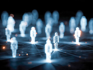 Digital human figures connected by glowing network lines representing virtual communication and interconnected technology in an abstract futuristic setting