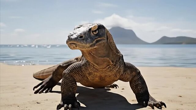 Komodo Dragon Lizard Reptile Close Up Tongue Flicking Beach Shoreline Ocean Mountains Background
