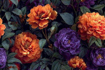 Luxurious botanical wallpaper, photorealistic flowers in saturated orange and violet