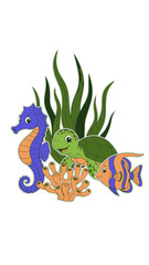Obraz premium Underwater Scene Featuring a Seahorse, Turtle, and Fish Surrounded by Coral and Seaweed Element