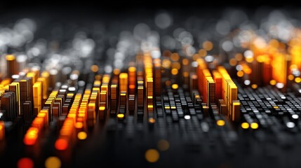 Abstract, glowing, cubic forms rising from dark background, in shallow depth of field