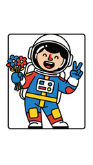 Cartoon Astronaut with Flowers and Peace Sign Element Set
