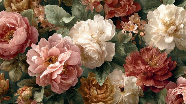 Elegant, chic, vintage seamless repeatable pattern with antique roses, peonies and dahlias in muted tones of dusty pink, olive green, faded red, cream, golden brown