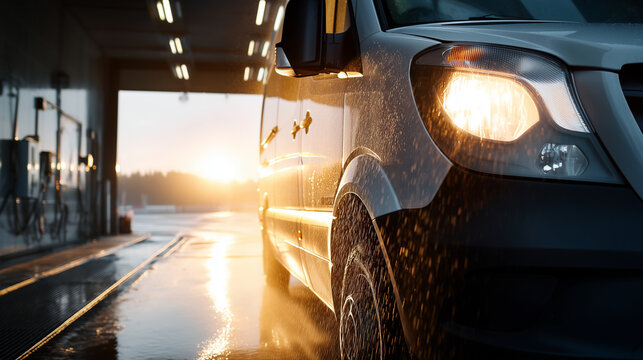 Daylight shot of delivery van being washed as part of routine fleet maintenance