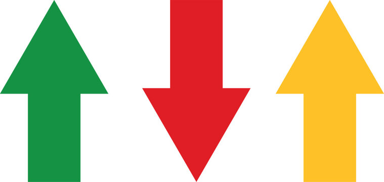 Green yellow arrow pointing up and red arrow pointing down isolated on white background