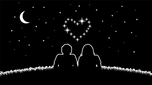 Romantic Couple Silhouettes Under Starry Night Sky with Heart.