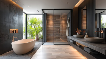 Photorealistic 3D interior rendering of a luxurious villa bathroom, walk-in shower on the left with ceiling-mounted rain shower and linear floor drain, freestanding oval porcelain