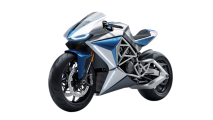 Blue and silver futuristic motorcycle, cutout, PNG isolated on white or transparent background