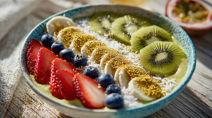 Bright smoothie bowl with banana kiwi strawberries blueberries and bee pollen on creamy base served on light wooden table in sunlit kitchen
