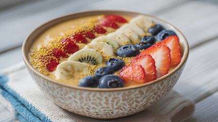 Bright smoothie bowl with banana kiwi strawberries blueberries and bee pollen on creamy base served on light wooden table in sunlit kitchen
